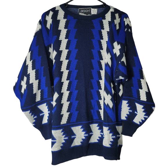 Vintage Design Pullover Sweater Size Medium Blue White Zig Zag Stripe Acrylic - Picture 1 of 3